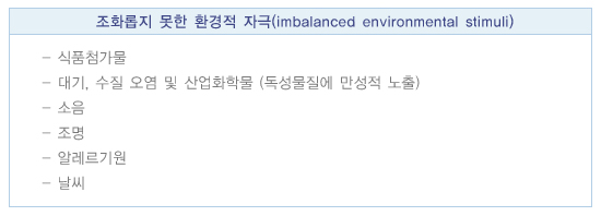 조화롭지 못한 환경적 자극: 식품첨가물, 대기/수질 오염 및 산업화학물(독성물질에 만성적 노출), 소음, 조명, 알레르기원, 날씨