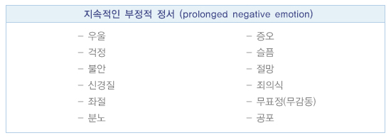 지속적인 부정적 정서: 우울, 증오, 걱정, 슬픔, 불안, 절망, 신경질, 죄의식, 좌절, 무표정(무감동), 분노, 공포